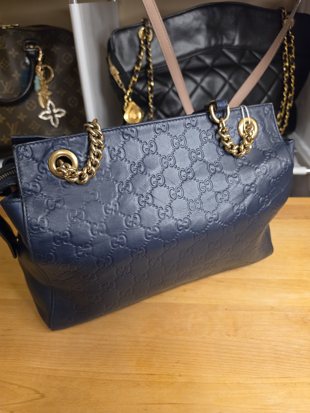 Gucci Navy Embossed Zippered Leather Shoulder Bag with Gold Chain & Accents